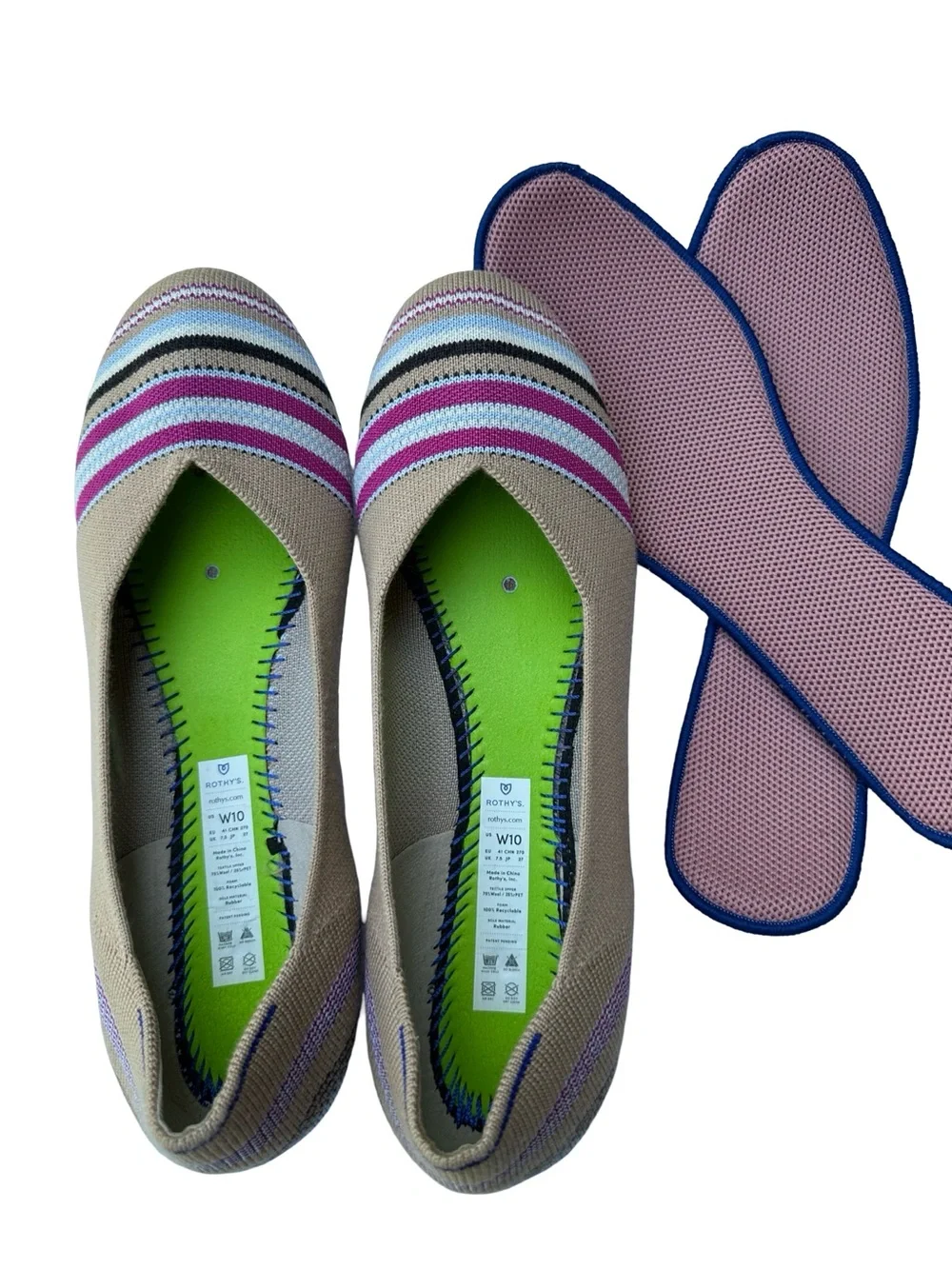 Rothy’s Tan with Blue and Pink toe stripe Ballet flats, US sz 10